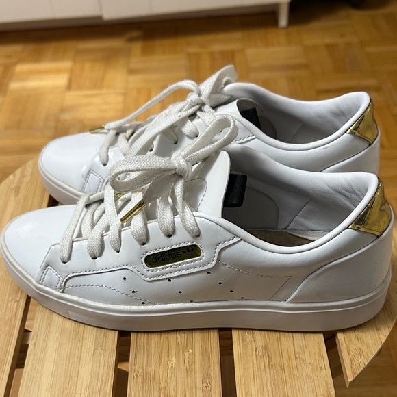 adidas Women's White Patent Sneakers with Gold Accents - Picture 7 of 12